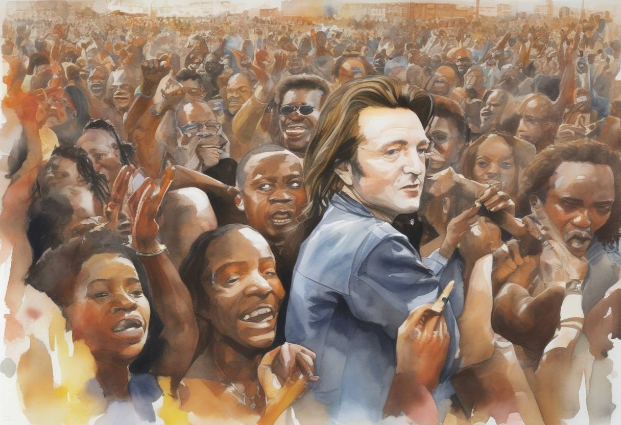 Watercolor painting based depiction of The Live 8 concerts, organized by Bob Geldof and Bono, took place in 10 cities around the world to raise awareness of poverty in Africa. (2005)