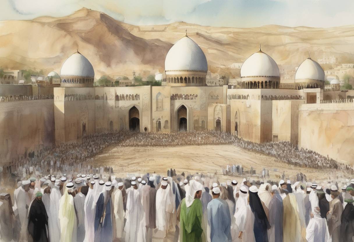 Watercolor painting based depiction of The Islamic prophet Muhammad is buried in Medina, following his death on June 8, 632. His burial marks a significant moment in Islamic history, as it leads to the succession crisis and the eventual division between Sunni and Shia Islam. (632)