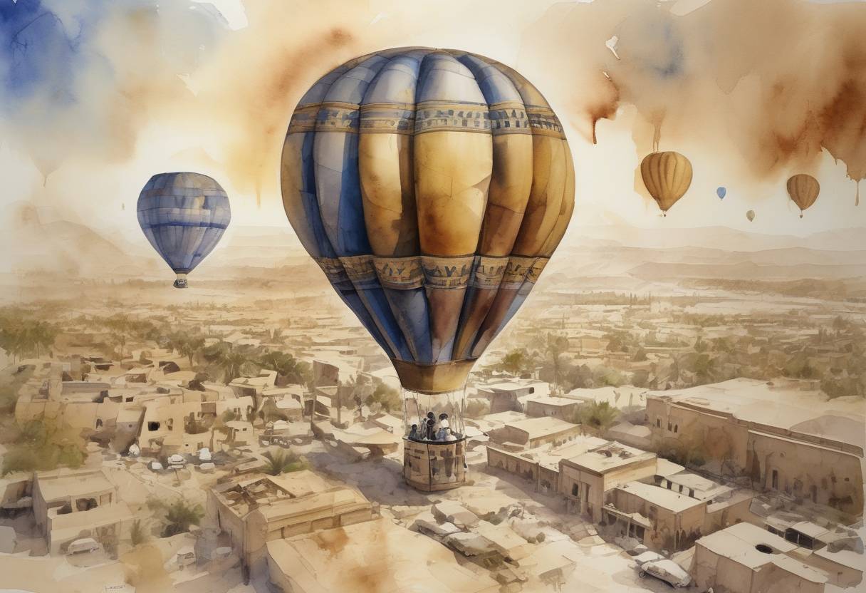 Watercolor painting based depiction of A hot air balloon crash in Luxor, Egypt, resulted in 19 fatalities, making it one of the deadliest ballooning accidents in history. (2013)