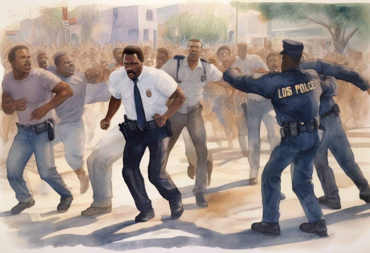 Watercolor painting based depiction of The Rodney King beating by Los Angeles police officers is captured on video, leading to widespread public outcry and eventual riots. (1991)