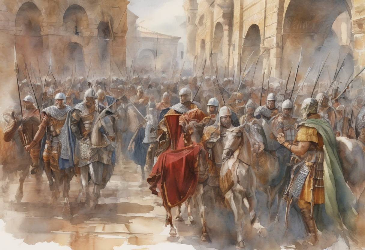 Watercolor painting based depiction of The Roman Empire is permanently divided into the Western Roman Empire and the Eastern Roman Empire (later known as the Byzantine Empire) following the death of Emperor Theodosius I. (395)