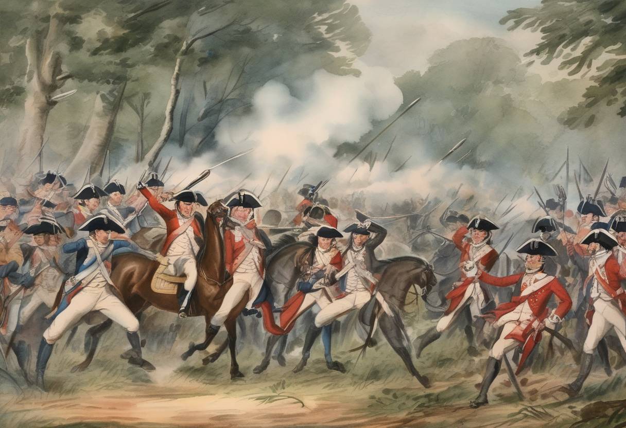 Watercolor painting based depiction of The Battle of Cowpens is fought during the American Revolutionary War, resulting in a decisive victory for American forces under Brigadier General Daniel Morgan over British forces. (1781)