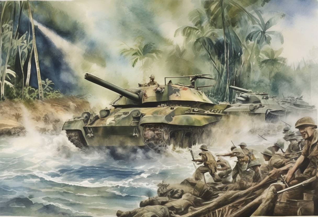 Watercolor painting based depiction of The Guadalcanal Campaign, a significant battle in the Pacific Theater of World War II, begins as the Battle of the Tenaru takes place. (1942)