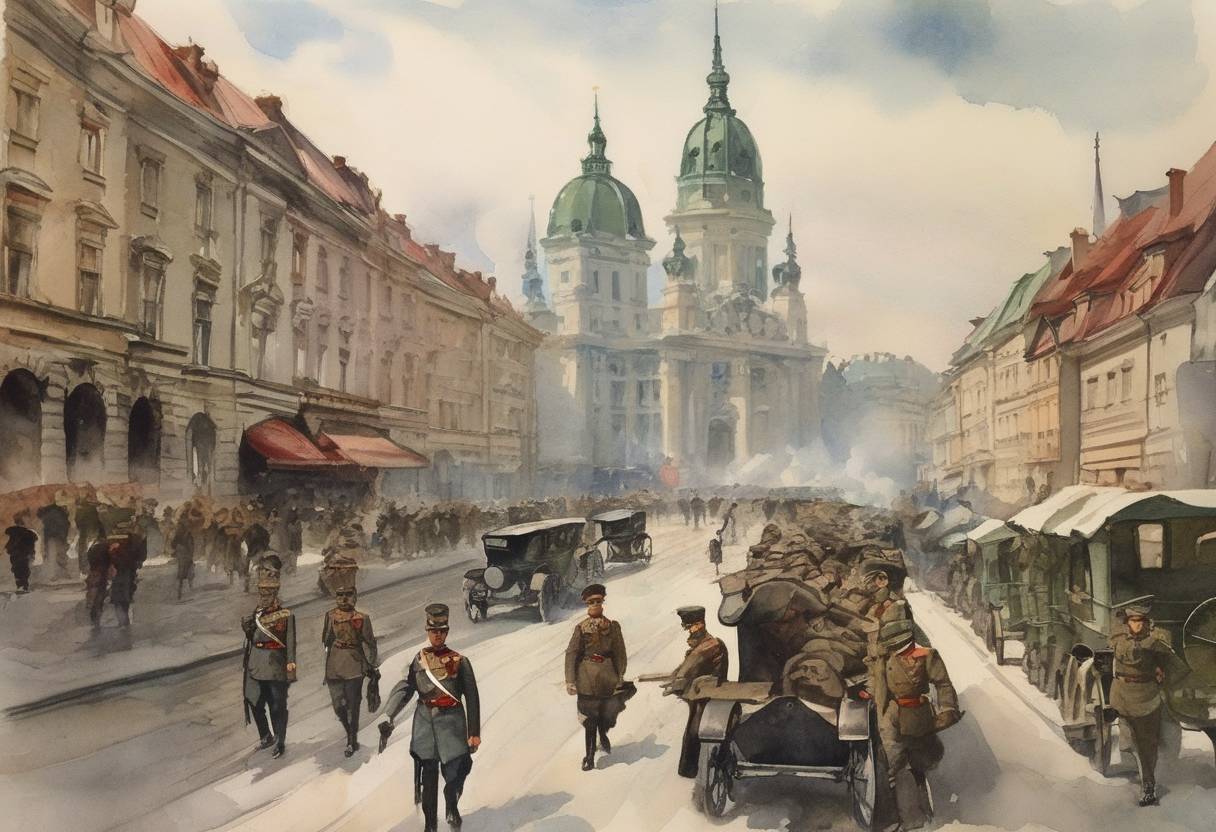 Watercolor painting based depiction of World War I began as Austria-Hungary declared war on Serbia following the assassination of Archduke Franz Ferdinand. (1914)