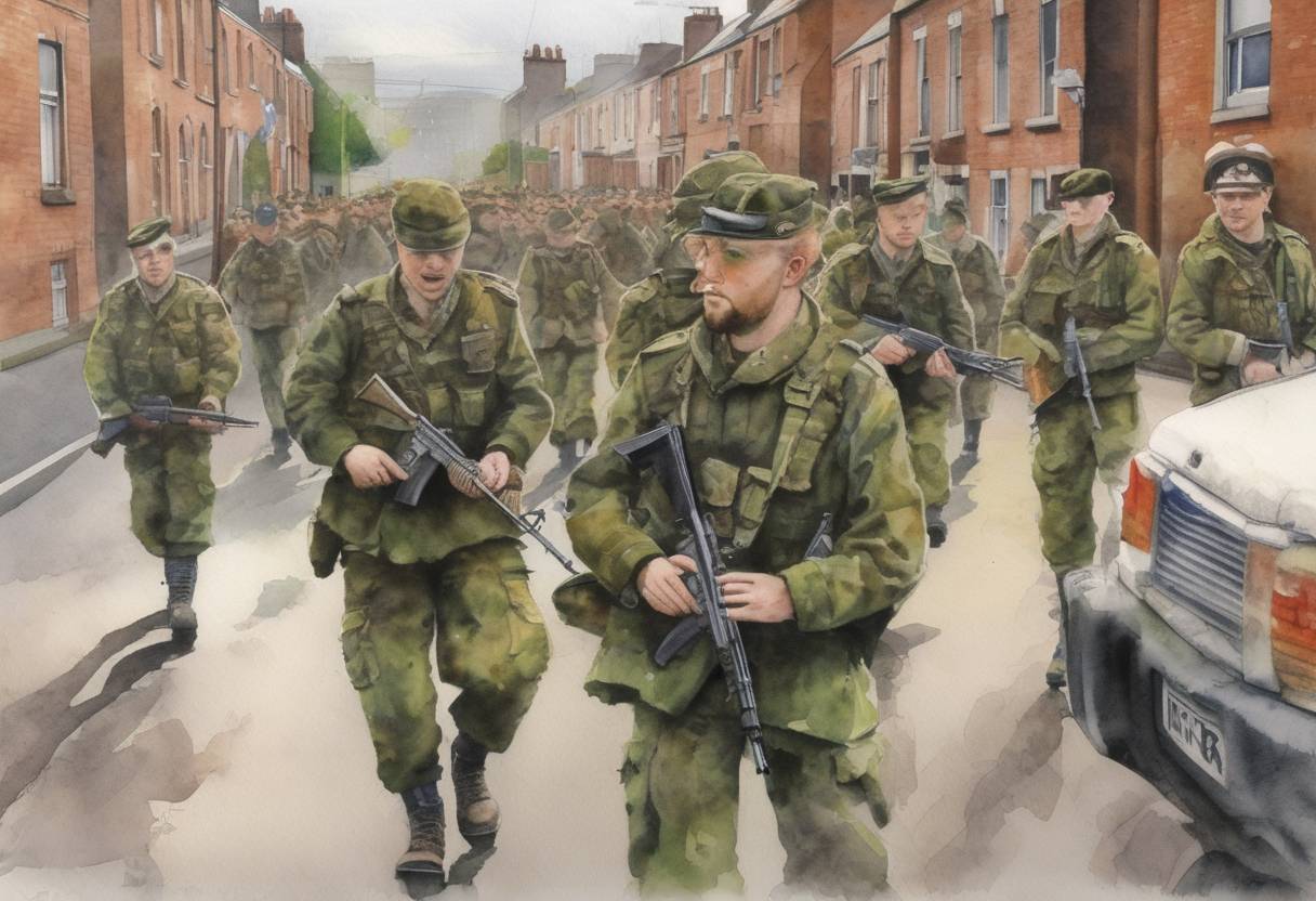 Watercolor painting based depiction of The Provisional Irish Republican Army (IRA) formally announced an end to its armed campaign, stating that it would pursue its objectives through peaceful means. (2005)