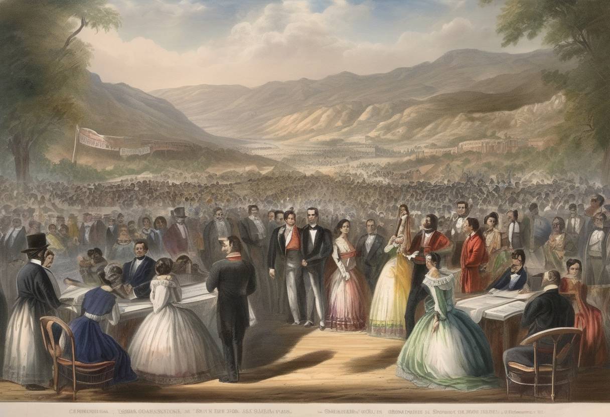 Watercolor painting based depiction of The Treaty of Guadalupe Hidalgo was signed, ending the Mexican-American War and ceding large territories to the United States. (1848)