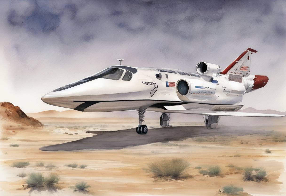 Watercolor painting based depiction of SpaceShipOne becomes the first privately funded spacecraft to achieve spaceflight. (2004)