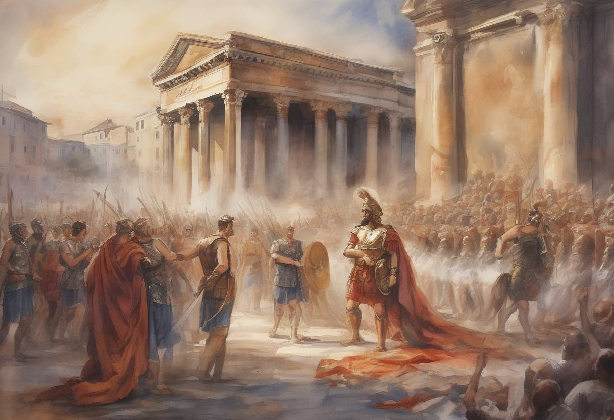 Watercolor painting based depiction of The Roman Emperor Commodus was assassinated, leading to the Year of the Five Emperors, a period of civil war in the Roman Empire. (193)