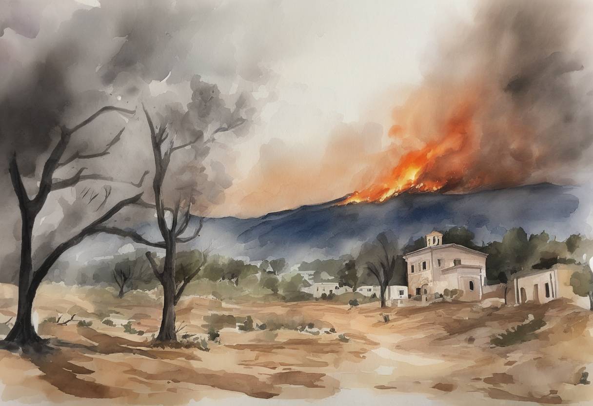 Watercolor painting based depiction of A series of wildfires broke out in the Attica region of Greece, resulting in the deaths of 102 people and injuring more than 200. The fires were among the deadliest in Greece's history and led to widespread criticism of the government's response. (2018)