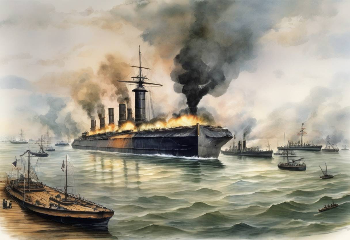 Watercolor painting based depiction of The first battle between ironclad warships, the USS Monitor and the CSS Virginia, took place at the Battle of Hampton Roads during the American Civil War. (1862)