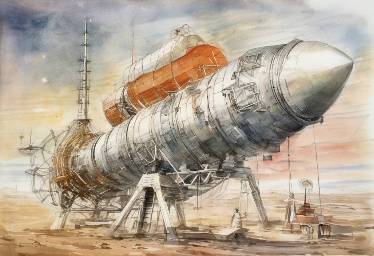 Watercolor painting based depiction of The Soviet spacecraft Sputnik 9 was launched, carrying a dog named Chernushka and other biological specimens, as part of the Soviet space program. (1961)