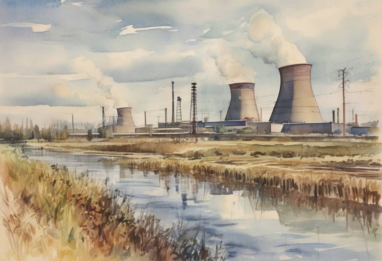 Watercolor painting based depiction of The world's first nuclear power station, Obninsk Nuclear Power Plant, was connected to the power grid in Obninsk, Soviet Union. (1954)