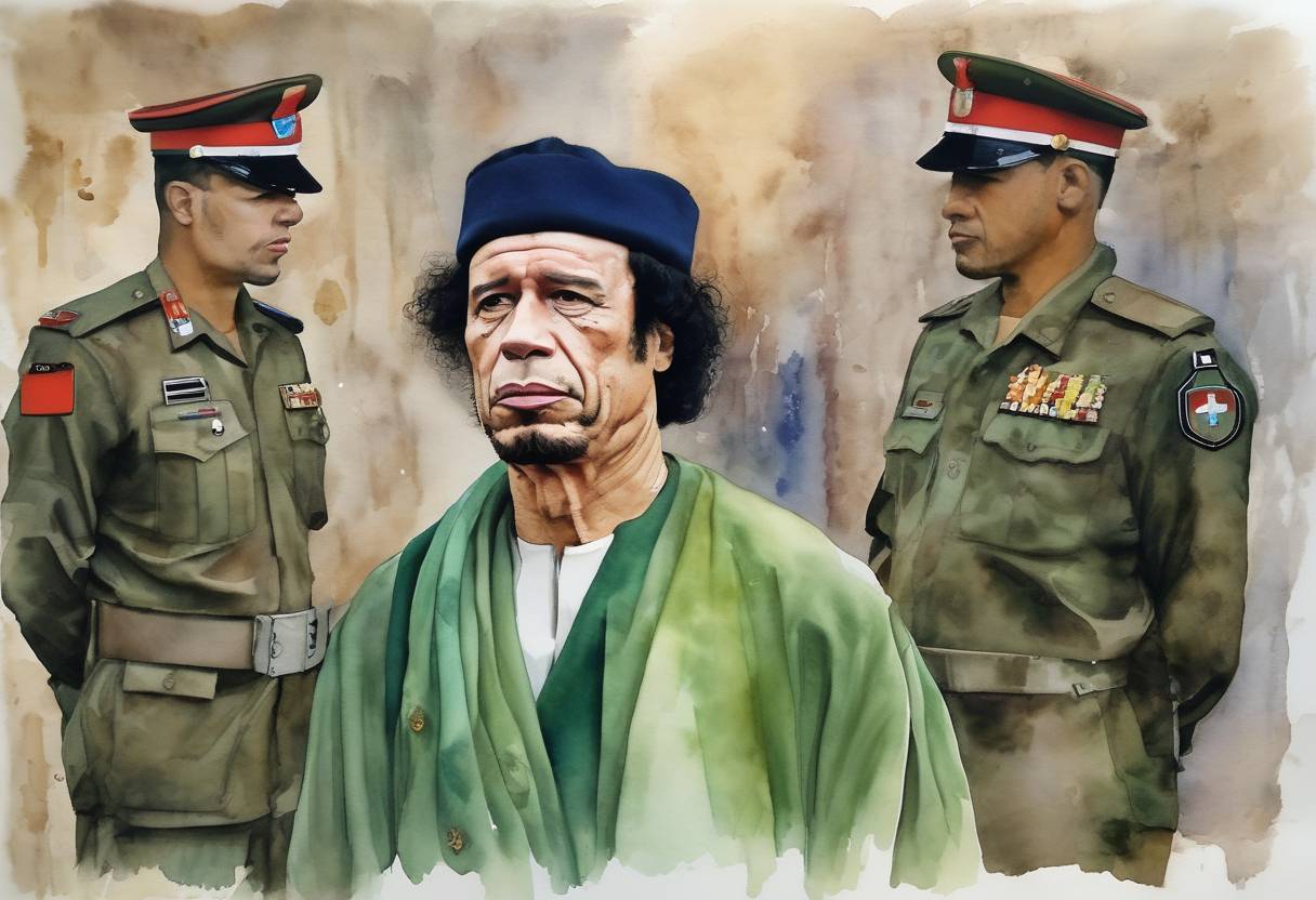 Watercolor painting based depiction of The International Criminal Court issues an arrest warrant for Libyan leader Muammar Gaddafi for crimes against humanity. (2011)