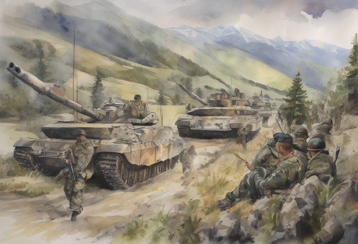 Watercolor painting based depiction of The Russo-Georgian War began when Georgia launched a military operation to regain control over the breakaway region of South Ossetia, leading to a military response from Russia. (2008)