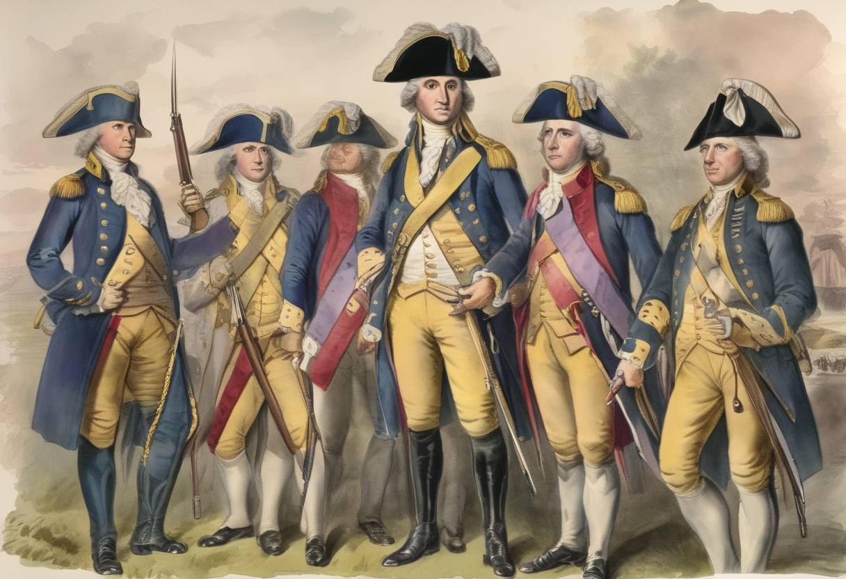 Watercolor painting based depiction of George Washington created the Badge of Military Merit, which later became the Purple Heart, to honor soldiers for their service in the American Revolutionary War. (1782)