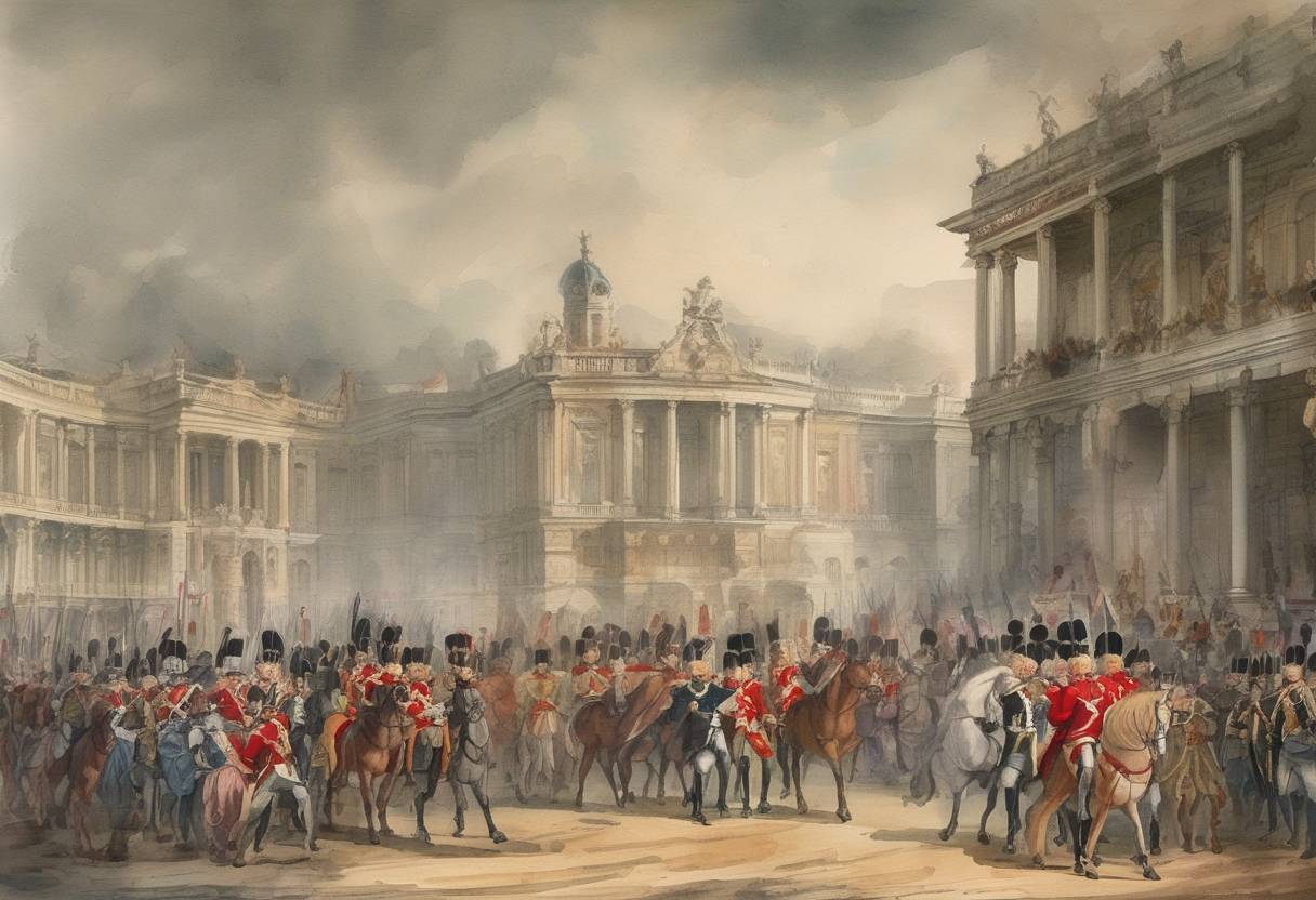 Watercolor painting based depiction of The War of the Spanish Succession begins when Austria, England, and the Dutch Republic declare war on France. (1701)
