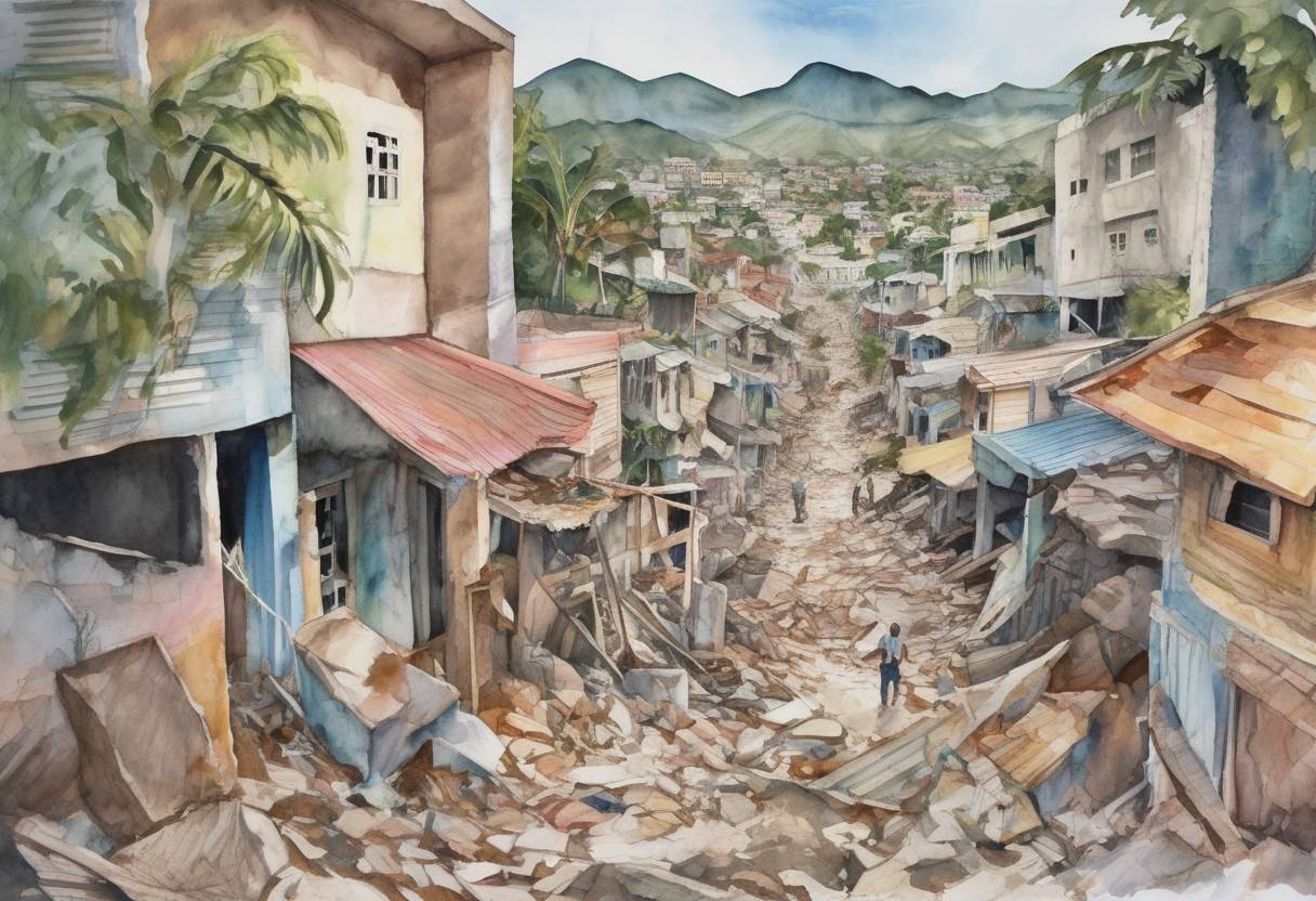Watercolor painting based depiction of A devastating earthquake struck Haiti, causing widespread destruction and loss of life. The earthquake, with a magnitude of 7.0, had its epicenter near the town of Léogâne, approximately 25 kilometers west of the capital, Port-au-Prince. It resulted in significant humanitarian crises, with estimates of over 200,000 deaths and millions displaced. (2010)