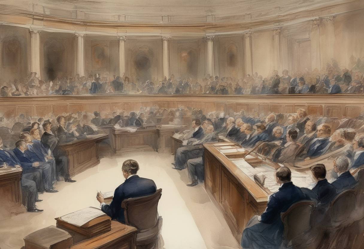 Watercolor painting based depiction of The United States House of Representatives rejects a proposal to give women the right to vote. (1915)
