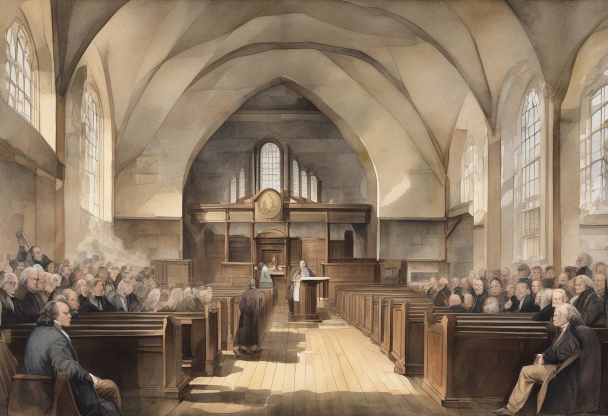 Watercolor painting based depiction of John Wesley charters the first Methodist Church in the United States, marking a key development in the spread of Methodism. (1784)