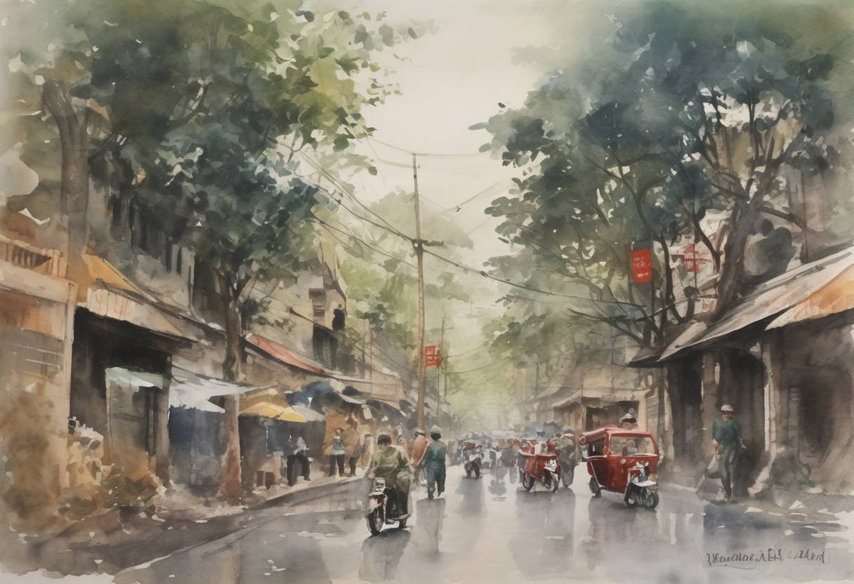 Watercolor painting based depiction of North and South Vietnam, divided since 1954, reunite to form the Socialist Republic of Vietnam. (1976)