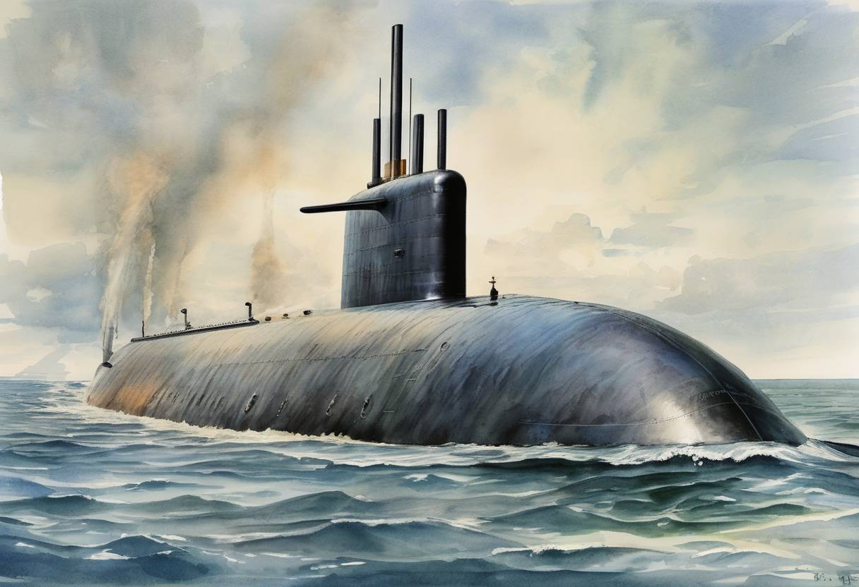 Watercolor painting based depiction of The USS Nautilus, the world's first operational nuclear-powered submarine, was launched in Groton, Connecticut. (1954)