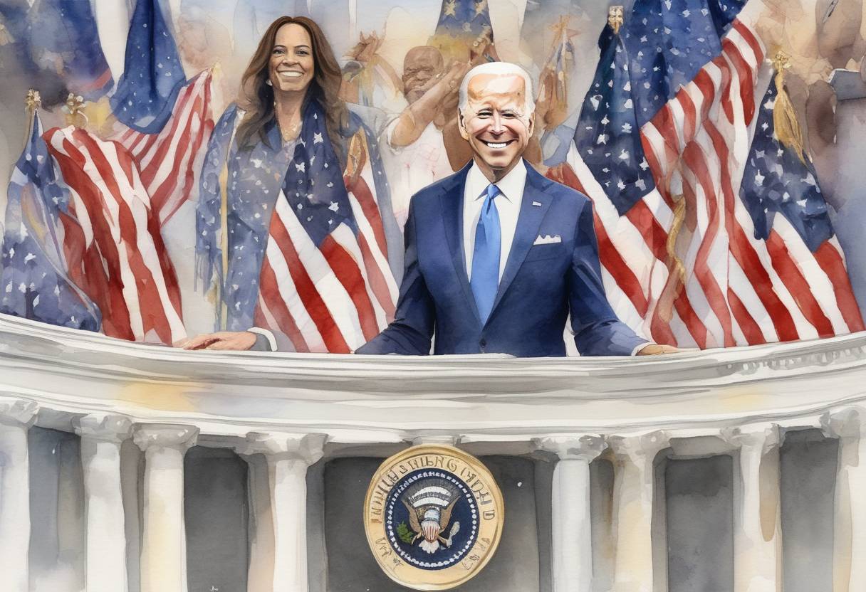 Watercolor painting based depiction of Joe Biden was inaugurated as the 46th President of the United States, with Kamala Harris becoming the first female Vice President. (2021)