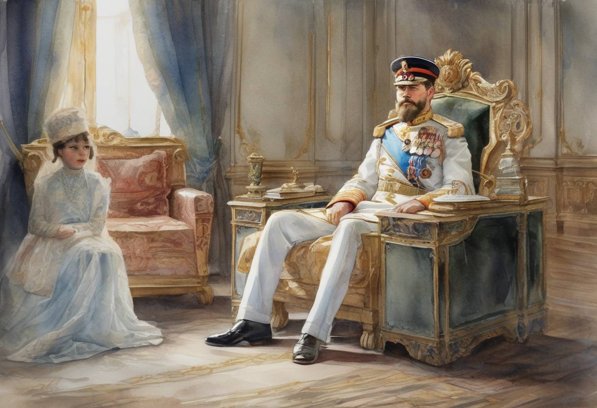 Watercolor painting based depiction of Tsar Nicholas II of Russia abdicated the throne, marking the end of the Romanov dynasty. (1917)