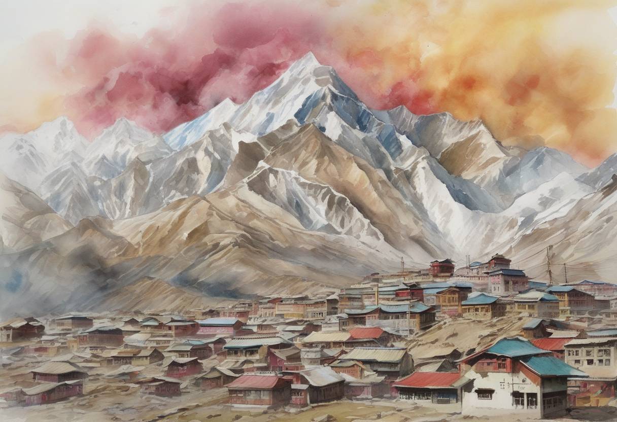 Watercolor painting based depiction of An earthquake of magnitude 6.9 strikes the Yushu Tibetan Autonomous Prefecture in Qinghai, China, causing significant destruction and loss of life. (2010)