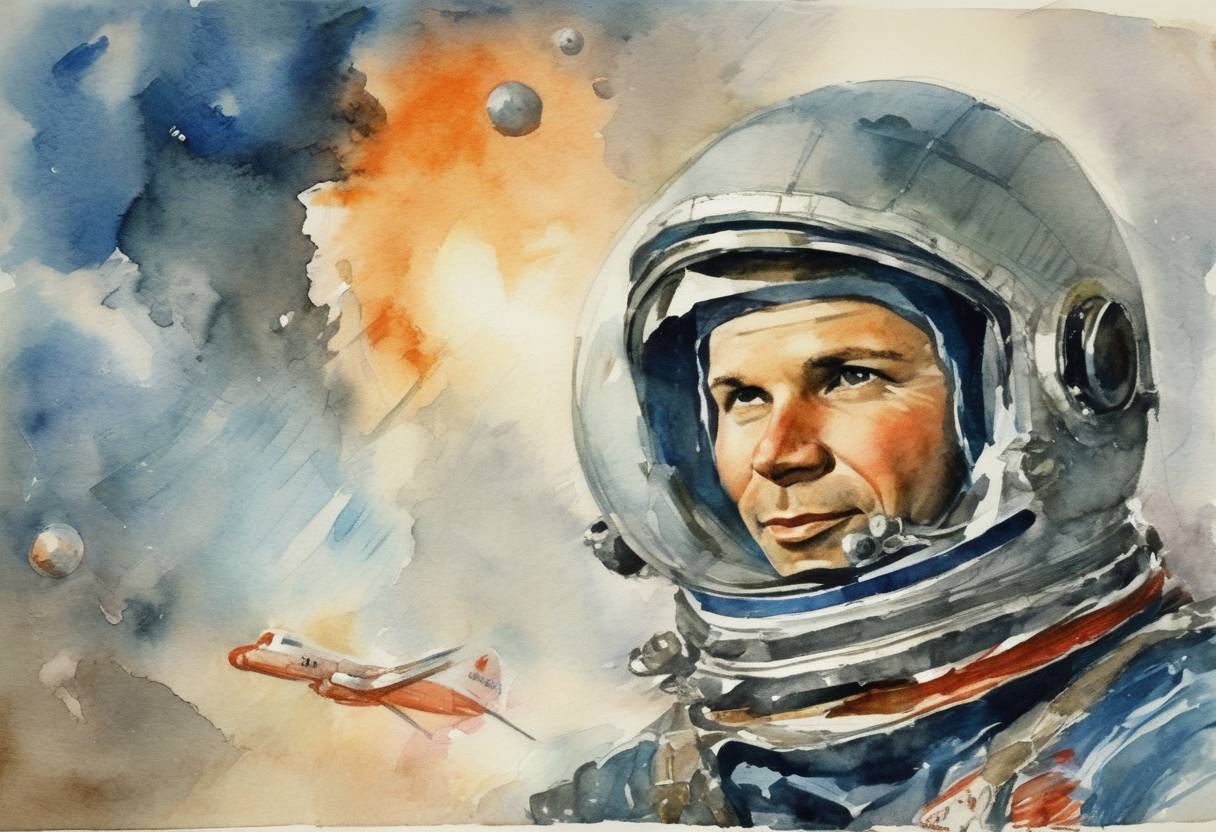 Watercolor painting based depiction of Soviet cosmonaut Yuri Gagarin became the first human to travel into space and orbit the Earth aboard Vostok 1. (1961)