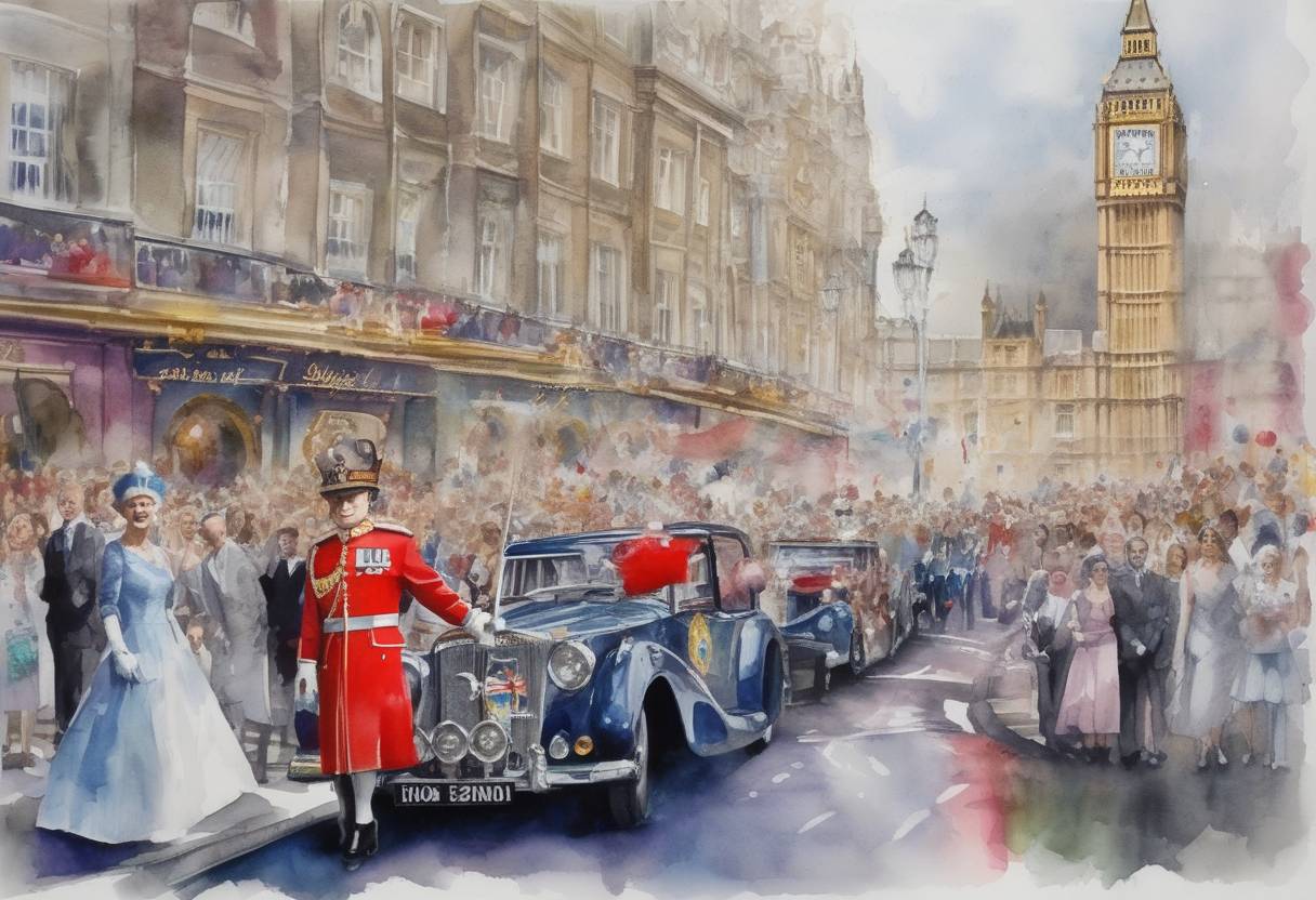 Watercolor painting based depiction of Queen Elizabeth II marked her Diamond Jubilee, celebrating 60 years on the throne. The milestone was celebrated with various events throughout the year. (2012)