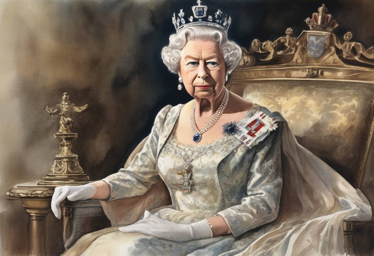 Watercolor painting based depiction of Queen Elizabeth II ascended to the throne of the United Kingdom following the death of her father, King George VI. (1952)