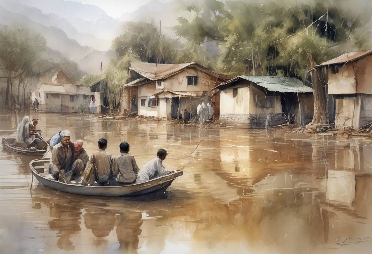 Watercolor painting based depiction of The United Nations declared the flooding in Pakistan as the worst humanitarian disaster in recent history, affecting over 20 million people. (2010)