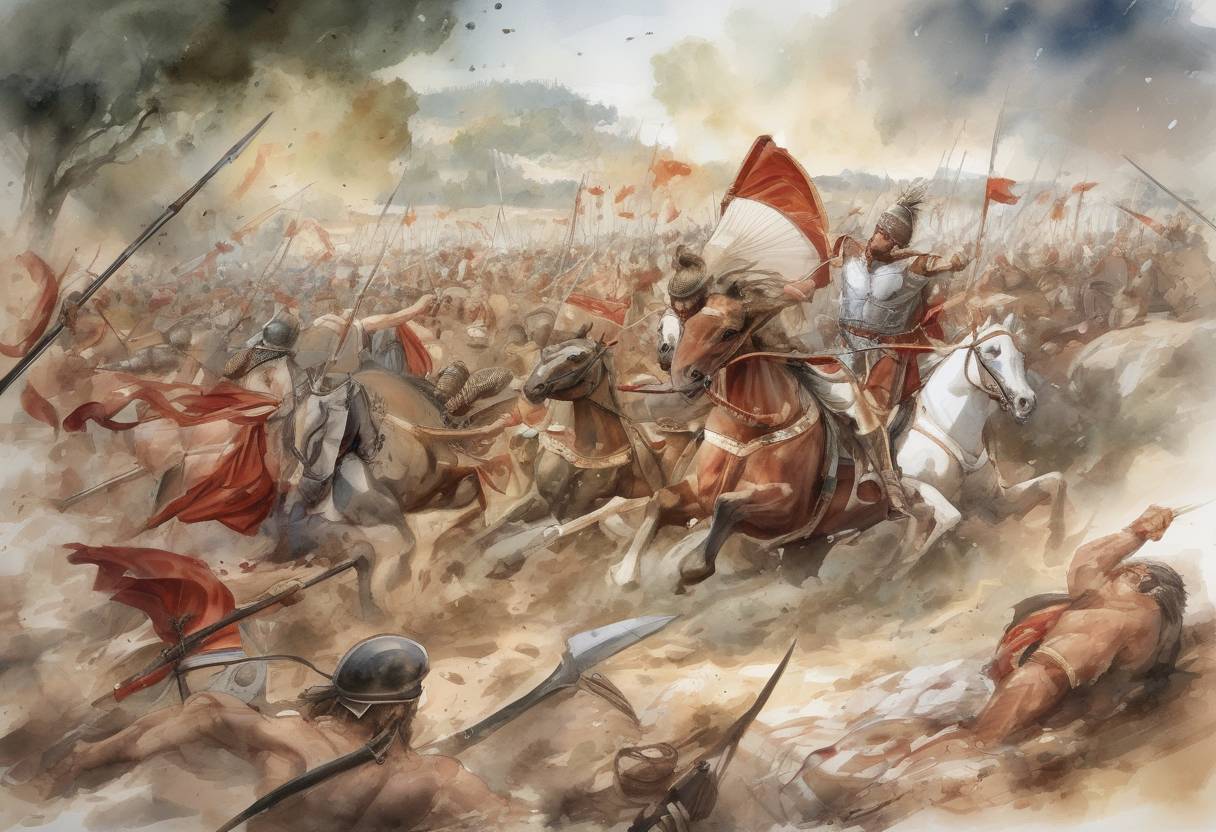 Watercolor painting based depiction of The Battle of Chaeronea occurred, where Philip II of Macedon defeated the combined forces of Athens and Thebes, marking the rise of Macedonian power in Greece. (338)