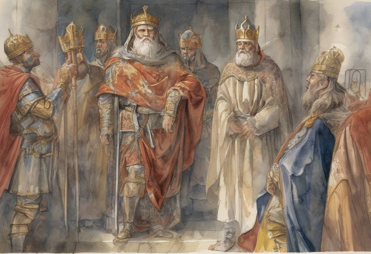 Watercolor painting based depiction of Charlemagne, King of the Franks and Lombards and Emperor of the Carolingian Empire, dies in Aachen, present-day Germany. His death marks the end of a significant era in European history, as Charlemagne was instrumental in uniting much of Western Europe during the early Middle Ages. (814)