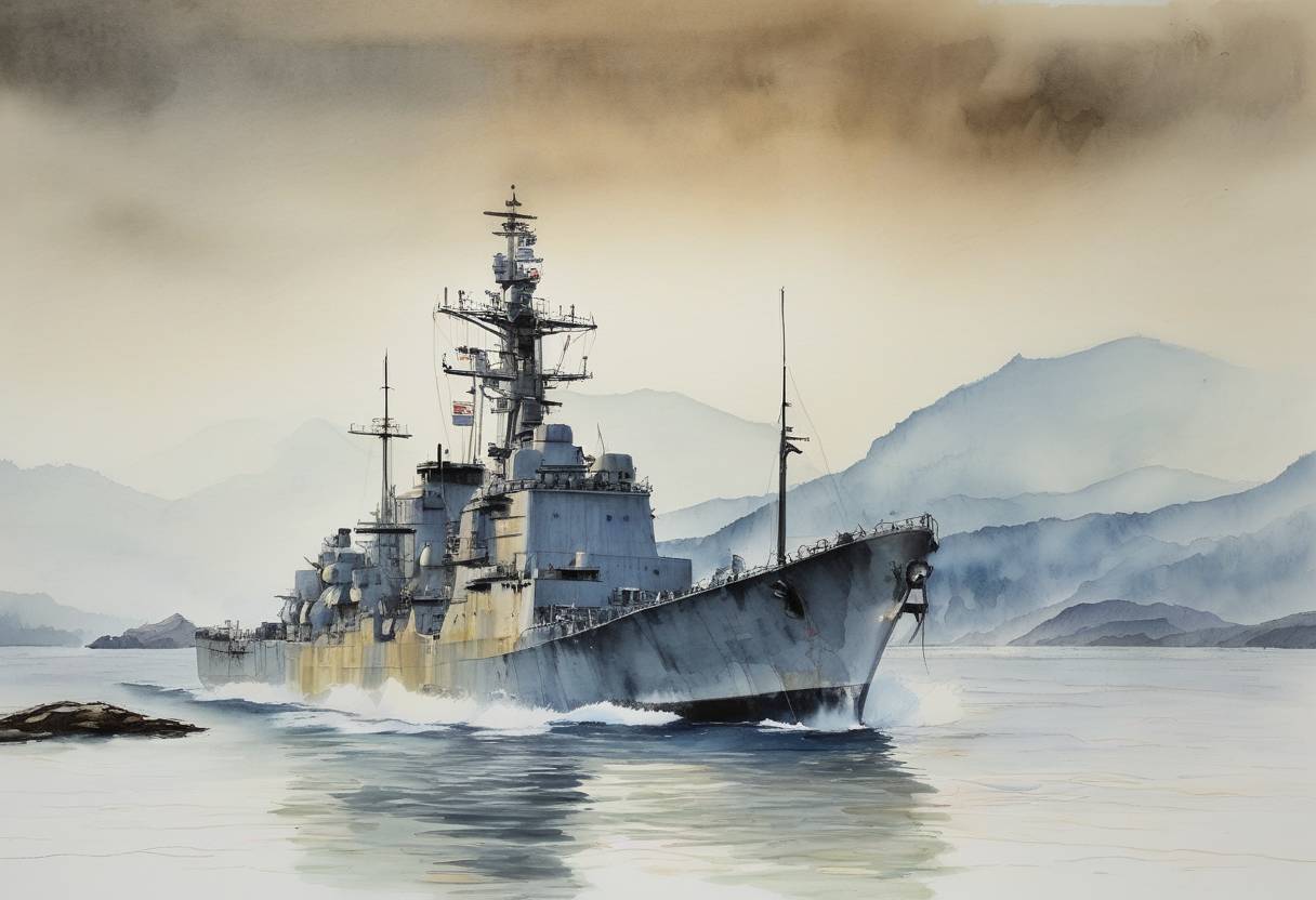 Watercolor painting based depiction of The South Korean warship ROKS Cheonan was sunk by a North Korean torpedo, killing 46 sailors. (2010)