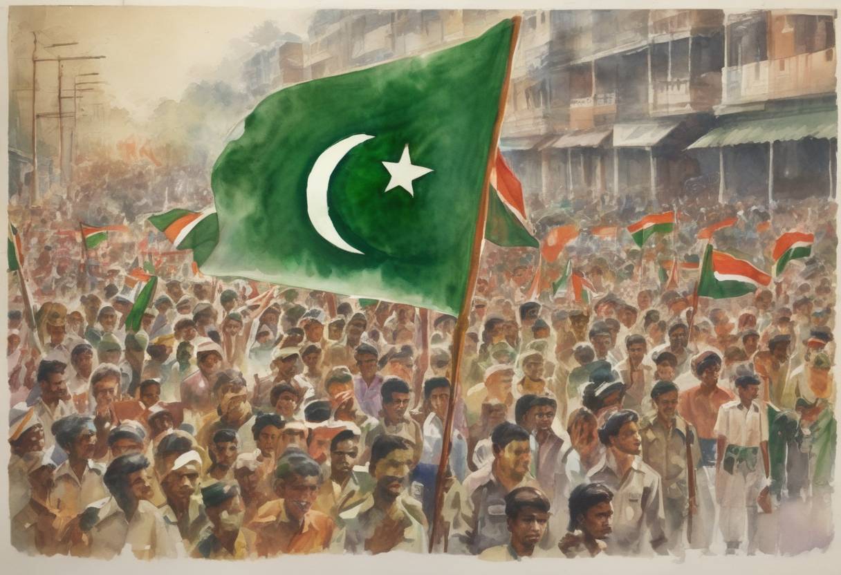 Watercolor painting based depiction of Bangladesh declares its independence from Pakistan, marking the start of the Bangladesh Liberation War. (1971)