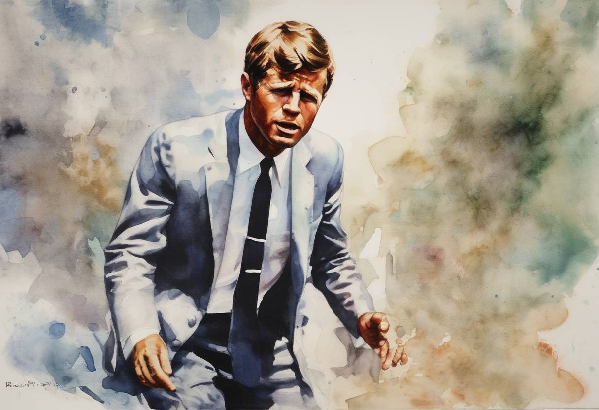 Watercolor painting based depiction of Senator Robert F. Kennedy died from gunshot wounds inflicted the previous day, after being shot by Sirhan Sirhan in Los Angeles. (1968)