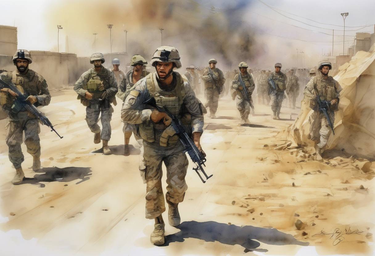 Watercolor painting based depiction of U.S. troops captured Baghdad, leading to the fall of Saddam Hussein's regime in Iraq. (2003)