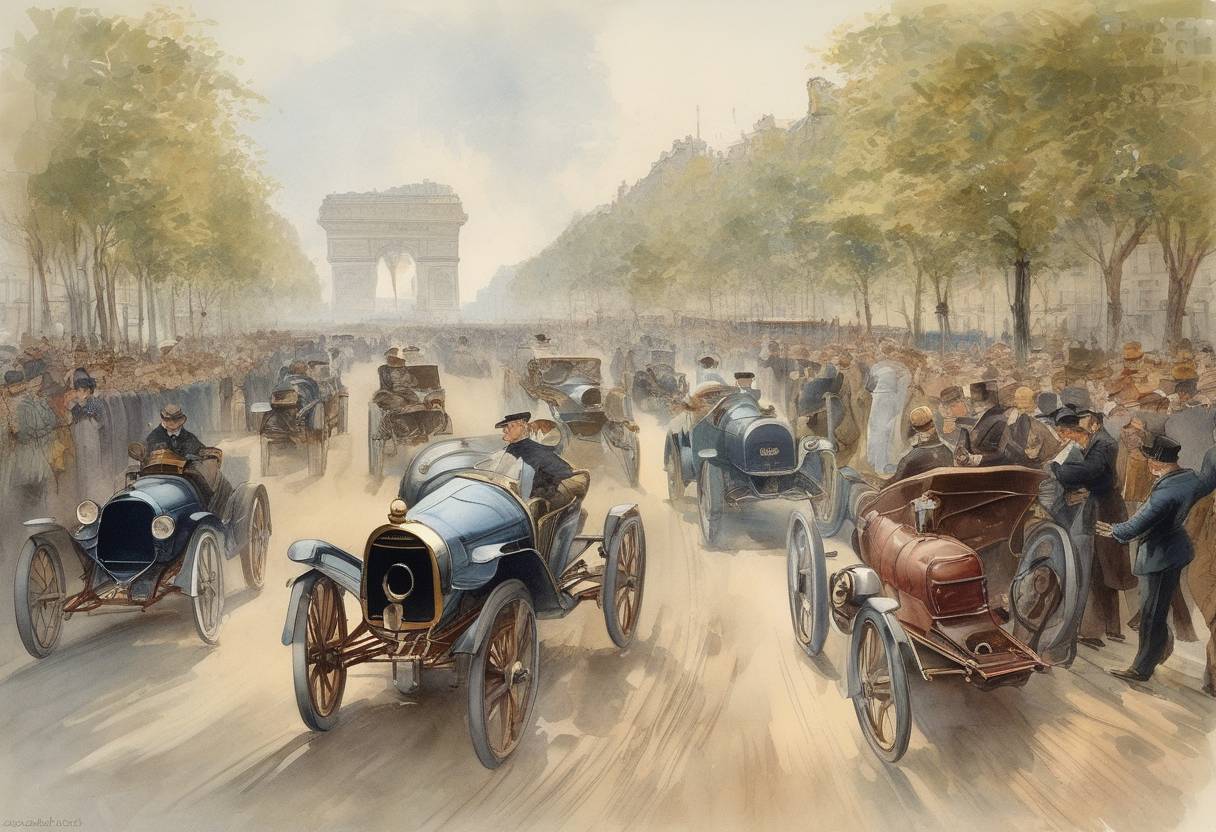 Watercolor painting based depiction of Paris hosted the first automobile race from Paris to Bordeaux and back, marking a significant event in the history of motor racing. (1895)
