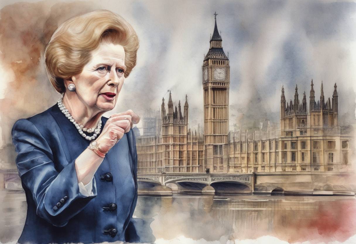 Watercolor painting based depiction of Margaret Thatcher became the first British Prime Minister in 160 years to win a third consecutive term, following the general election victory of the Conservative Party. (1987)