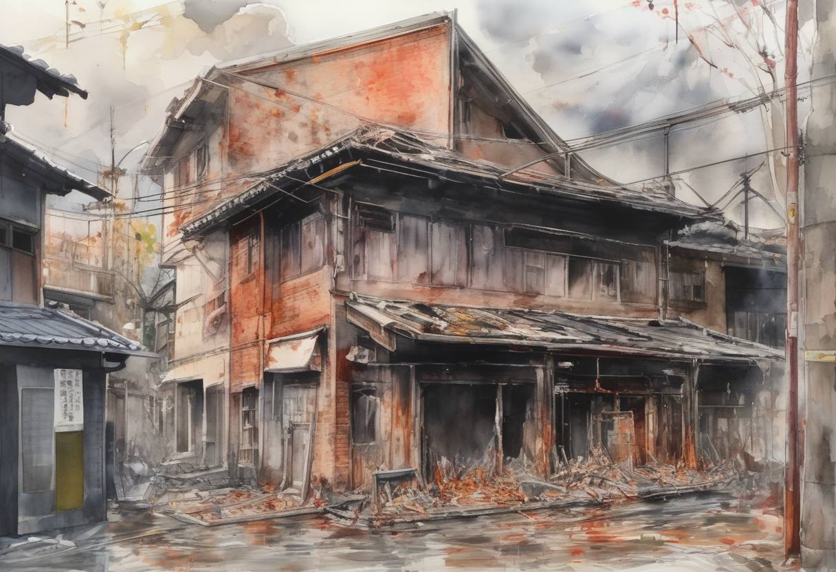 Watercolor painting based depiction of A devastating arson attack occurred at the Kyoto Animation studio in Kyoto, Japan, resulting in the deaths of 36 people and injuring dozens more. It was one of the deadliest massacres in Japan since World War II. (2019)