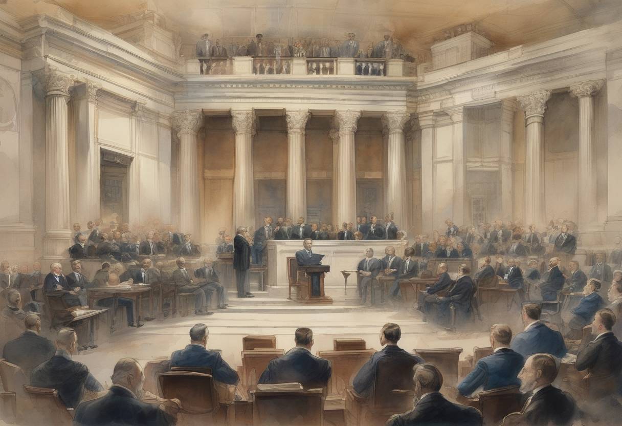 Watercolor painting based depiction of The United States Supreme Court delivers its decision in Plessy v. Ferguson, upholding the constitutionality of racial segregation under the "separate but equal" doctrine. (1896)