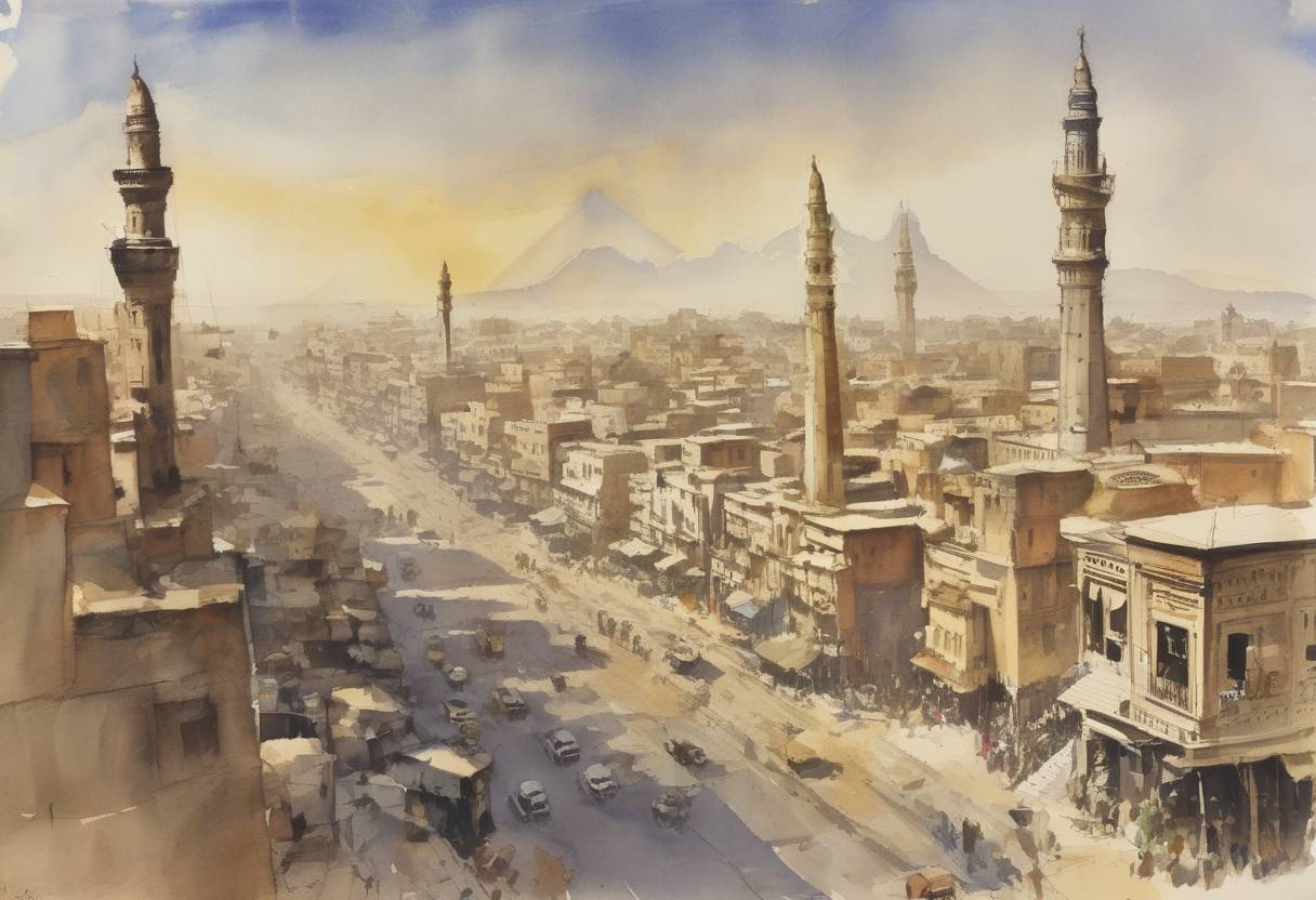 Watercolor painting based depiction of Egypt and Syria merged to form the United Arab Republic, a short-lived political union. (1958)
