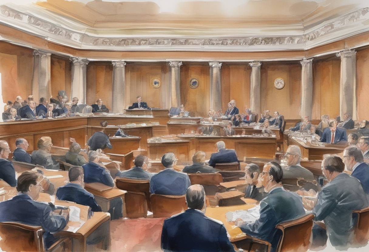 Watercolor painting based depiction of The United States House of Representatives Judiciary Committee opened formal and public impeachment hearings against President Richard Nixon over the Watergate scandal. (1974)