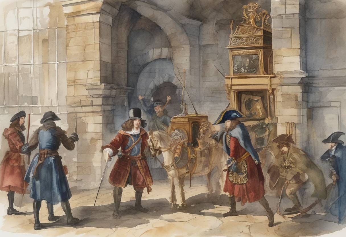 Watercolor painting based depiction of Thomas Blood, an Irish adventurer, attempted to steal the Crown Jewels from the Tower of London. (1671)