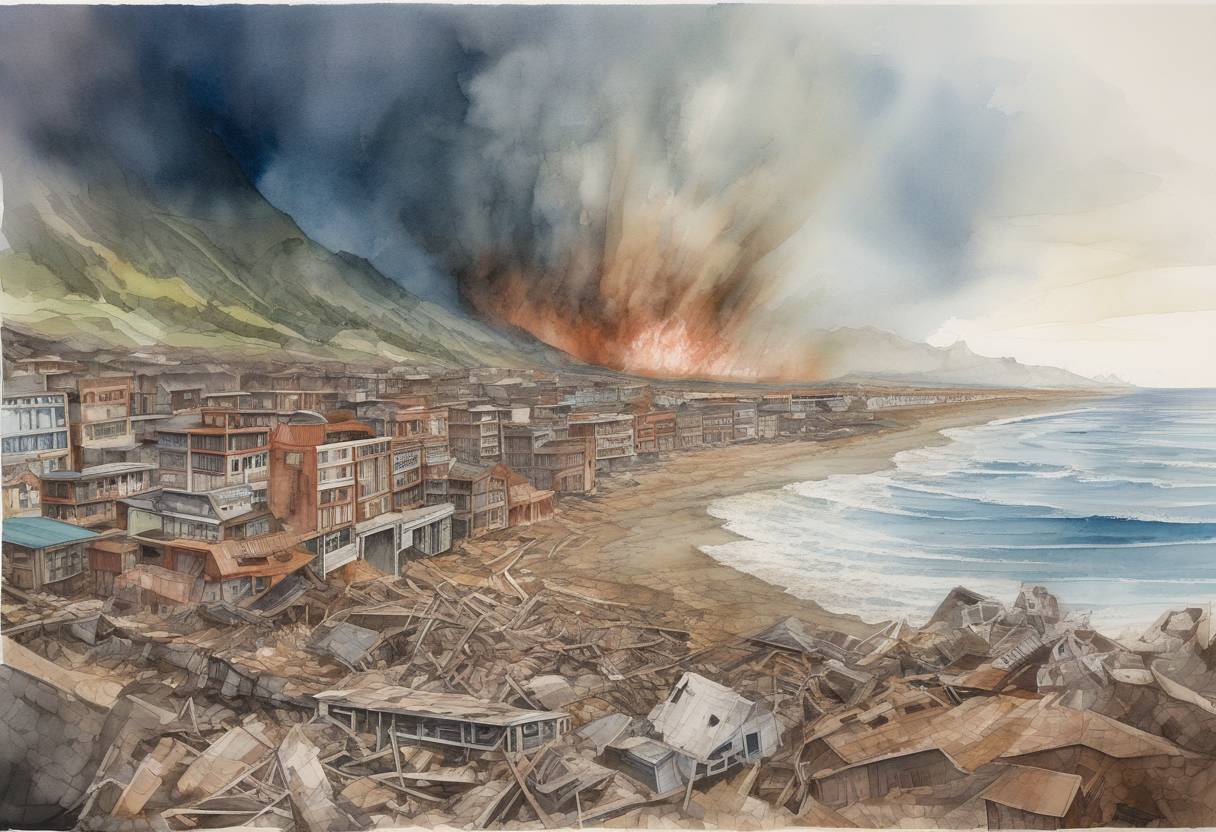 Watercolor painting based depiction of A massive earthquake with a magnitude of 8.8 struck off the coast of central Chile, causing widespread damage and triggering a tsunami. It was one of the largest earthquakes ever recorded. (2010)