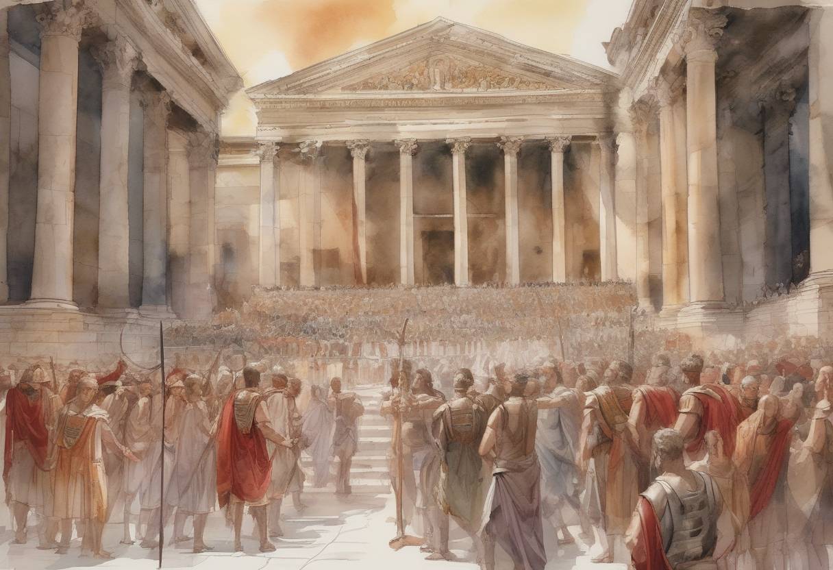 Watercolor painting based depiction of The Roman Emperor Diocletian issues the first of his edicts against Christians, marking the beginning of the Diocletianic Persecution, the last and most severe persecution of Christians in the Roman Empire. (303)