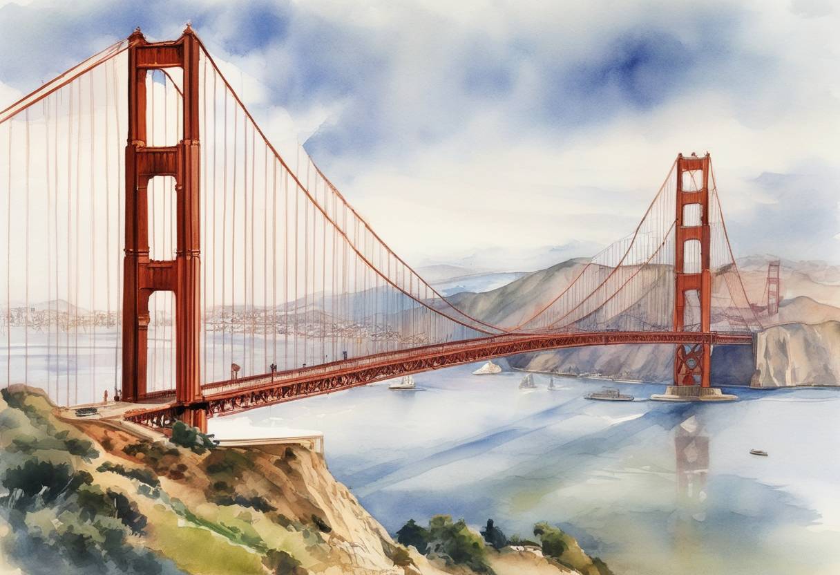 Watercolor painting based depiction of The Golden Gate Bridge in San Francisco, California, is opened to vehicular traffic. It was the longest and tallest suspension bridge in the world at the time. (1937)