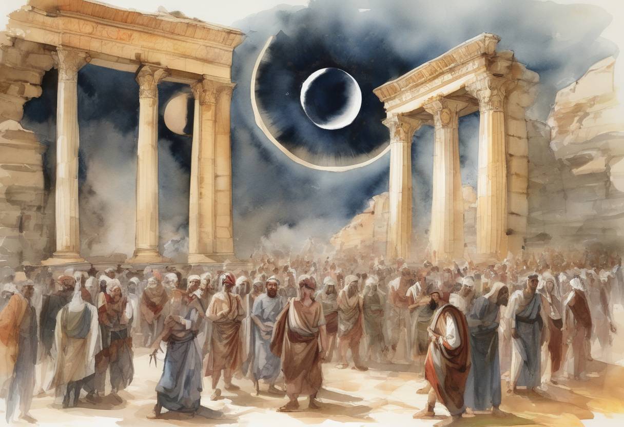 Watercolor painting based depiction of A solar eclipse occurred, which was predicted by the Greek philosopher and scientist Thales of Miletus. This event reportedly took place during the Battle of Halys between the Medes and the Lydians, leading to a truce. (585)
