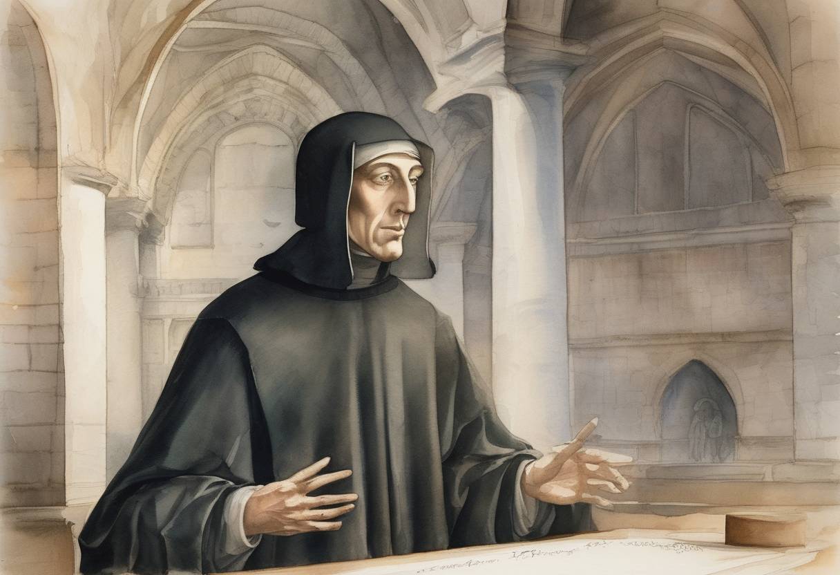 Watercolor painting based depiction of Girolamo Savonarola, an Italian Dominican friar and preacher, was executed in Florence. (1498)